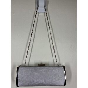 Vintage 90s Y2K Sasha Silver Metallic Shimmer Box Clutch Evening Bag Chain Strap